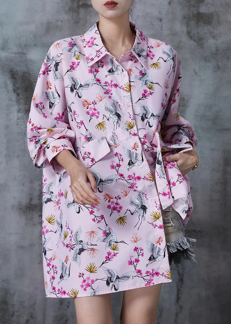 Pink Oversized Red-crowned Crane Print Cotton Blouses Fall