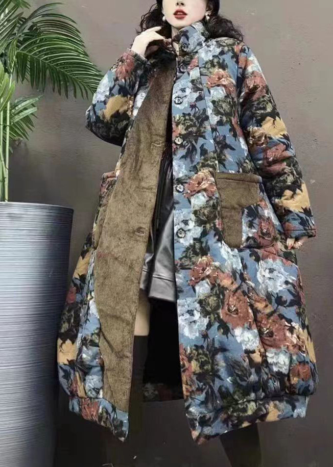 Purple Stand Collar Pockets Print Patchwork Warm Fleece Coat Winter