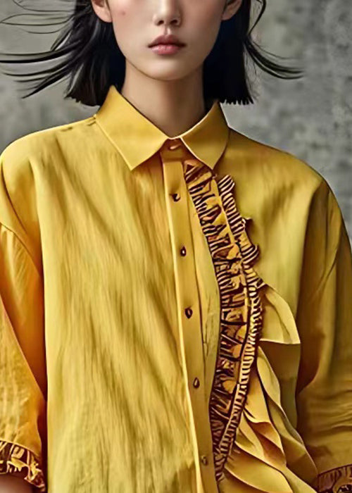 Yellow Ruffled Button Linen Shirt Butterfly Sleeve