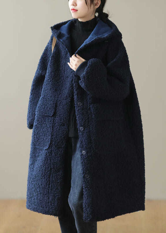 Coffee Button Pockets Warm Faux Fur Hooded Coat Long Sleeve