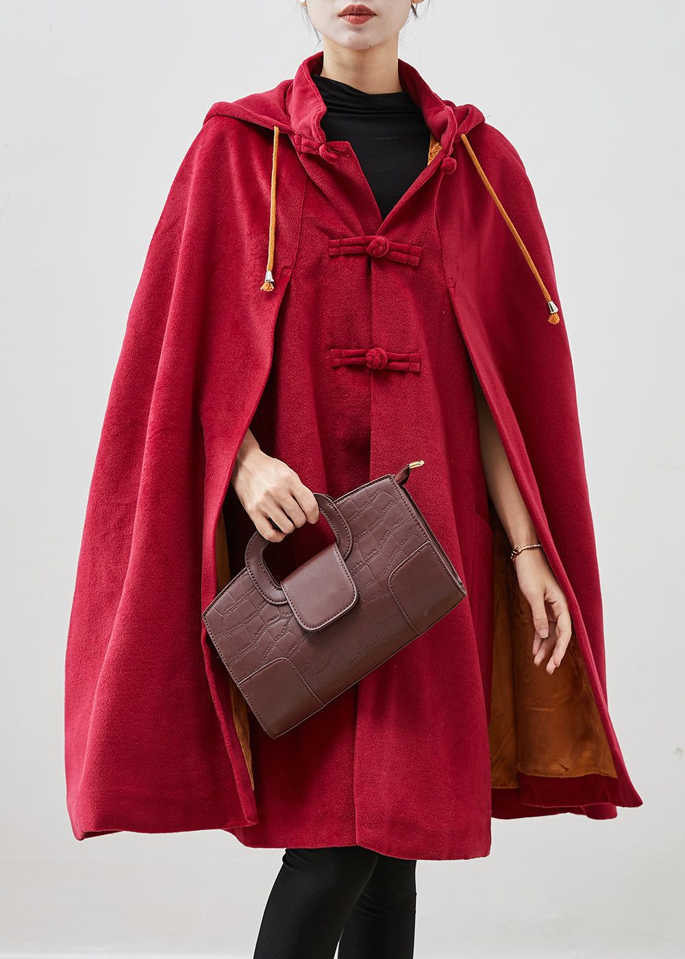 Red Hooded Chinese Button Warm Fleece Coats Cloak Sleeves
