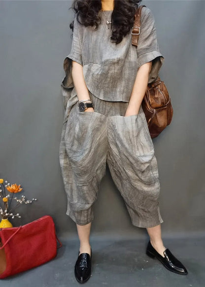 Vogue Grey O-neck Wrinkled Linen Top and Harm Pants Two Pieces Set Batwing Sleeve