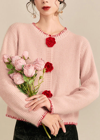 Pink O-neck Button Cotton Knit Cardigans Fall