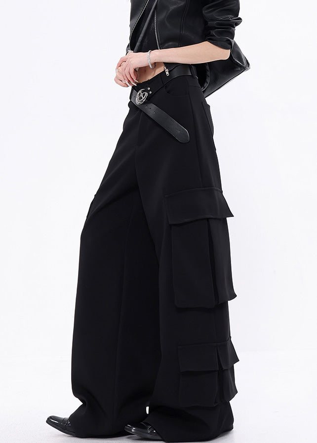 Black Pockets Cotton Wide Leg Pants Fall