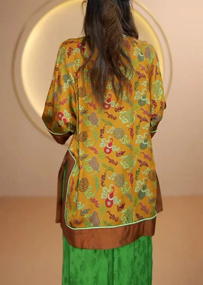 Yellow O Neck Print Oriental Button Silk Shirts Fall