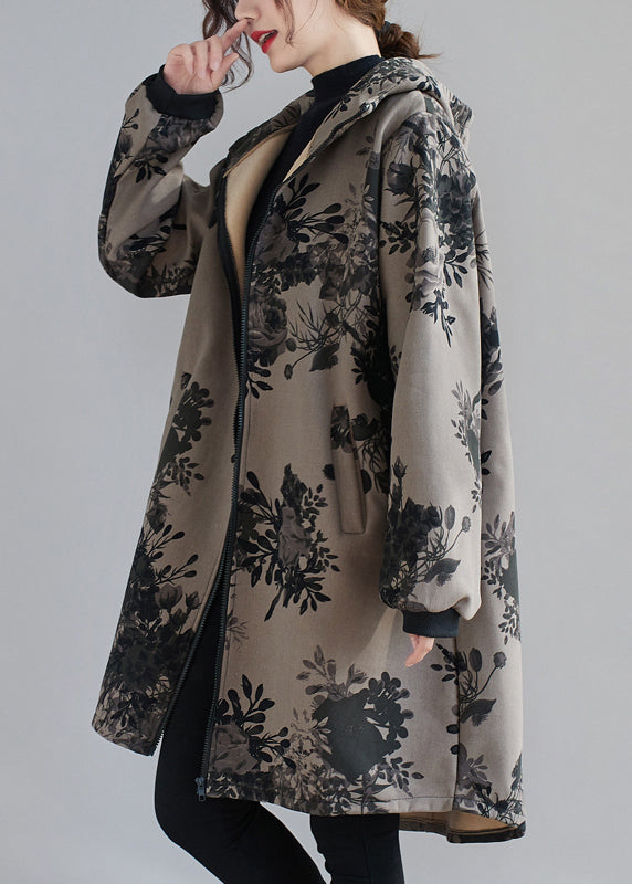 Charcoal Grey Hooded Print Pockets Patchwork Thick Coats Fall