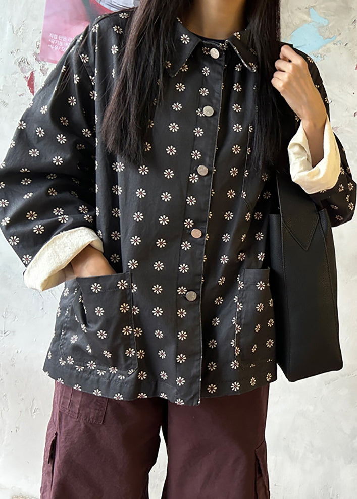 Black Print Pockets Cotton Coat Outwear Fall