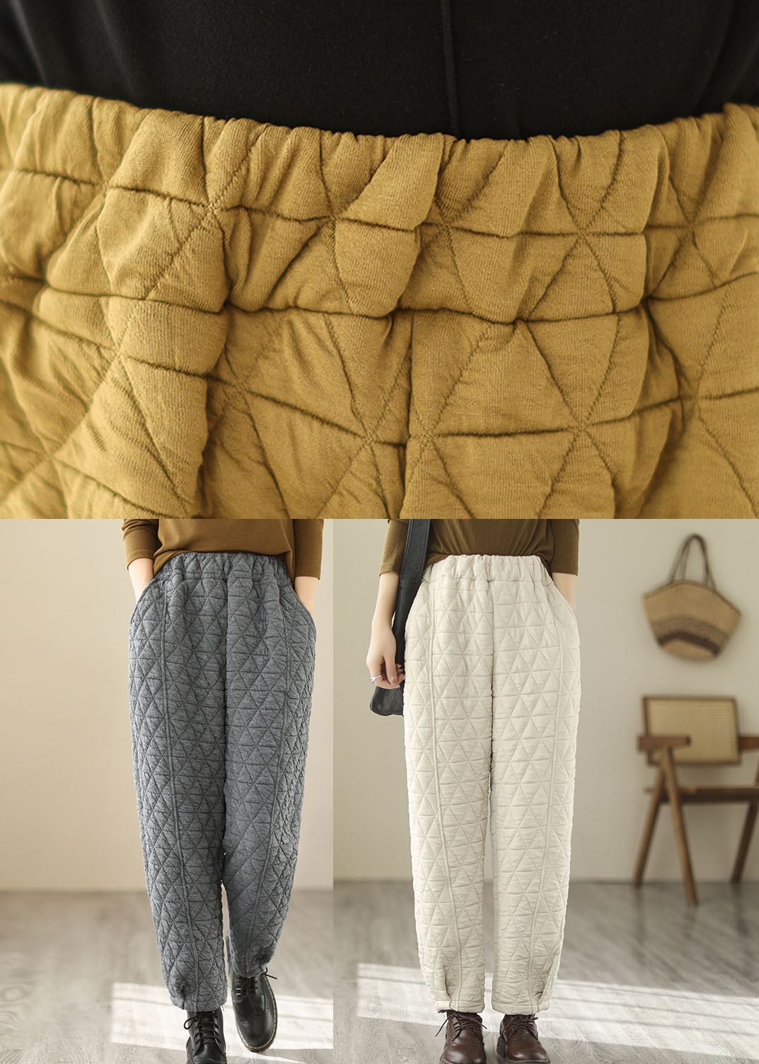 Yellow Pockets Plaid Patchwork Fleece Pants Winter