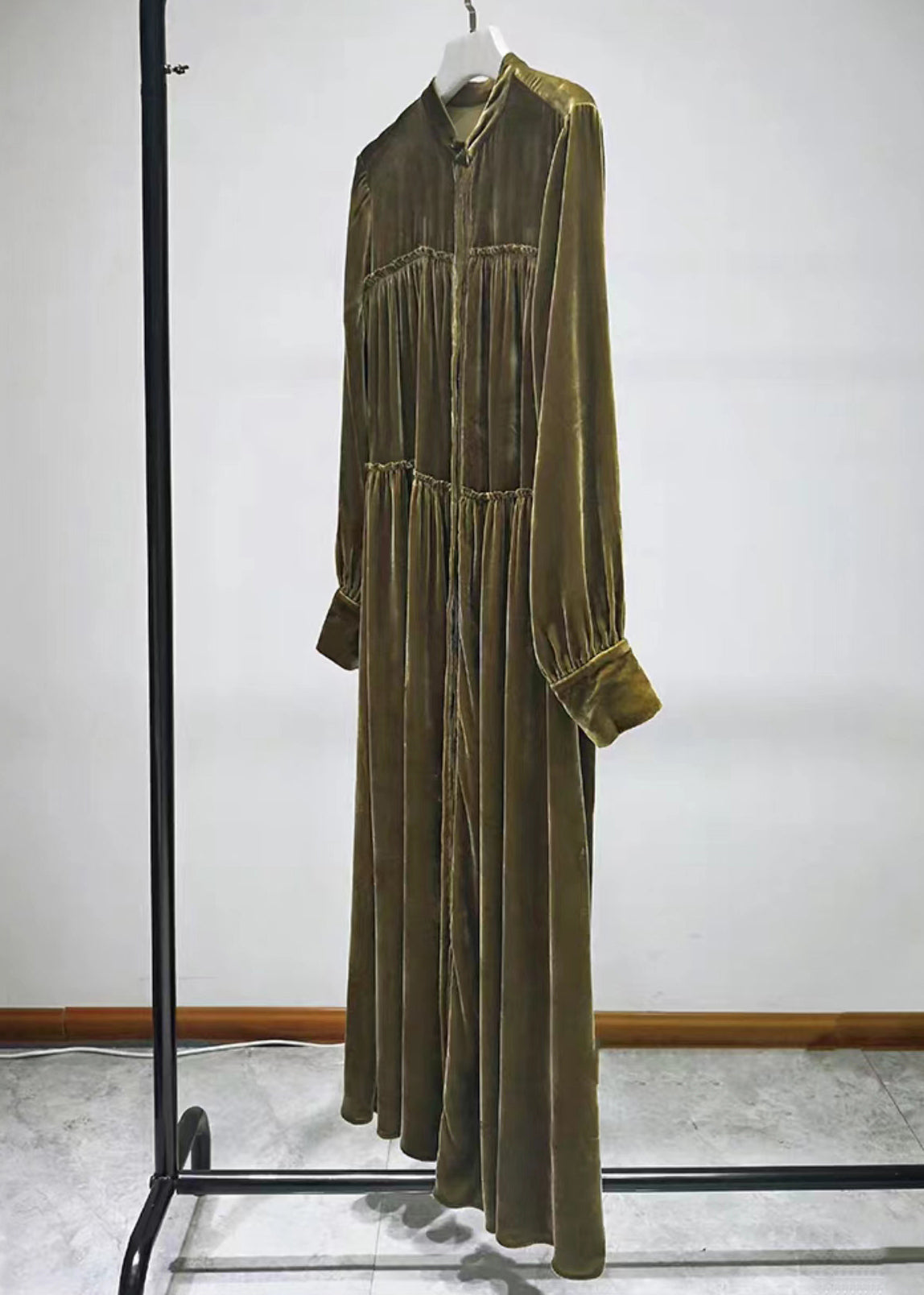 Green Button Ruffled Silk Velour Shirts Long Dresses Fall