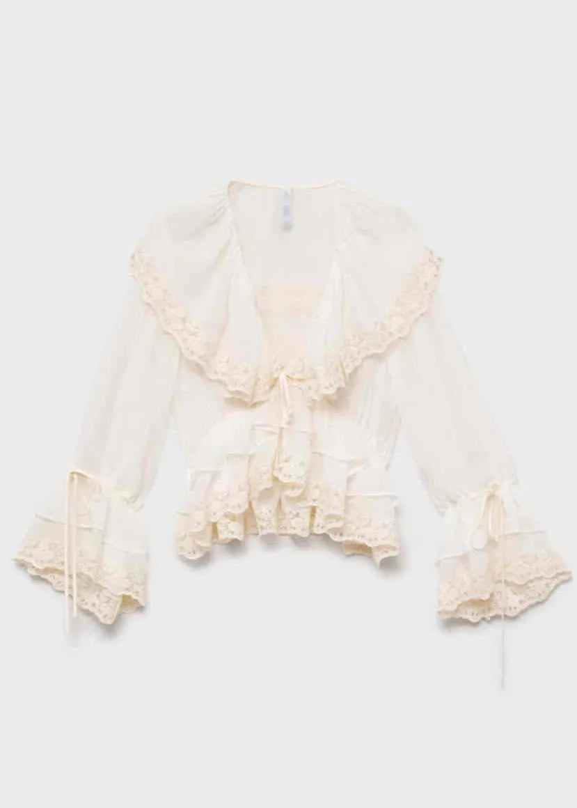 White V Neck Lace Patchwork Chiffon Fall