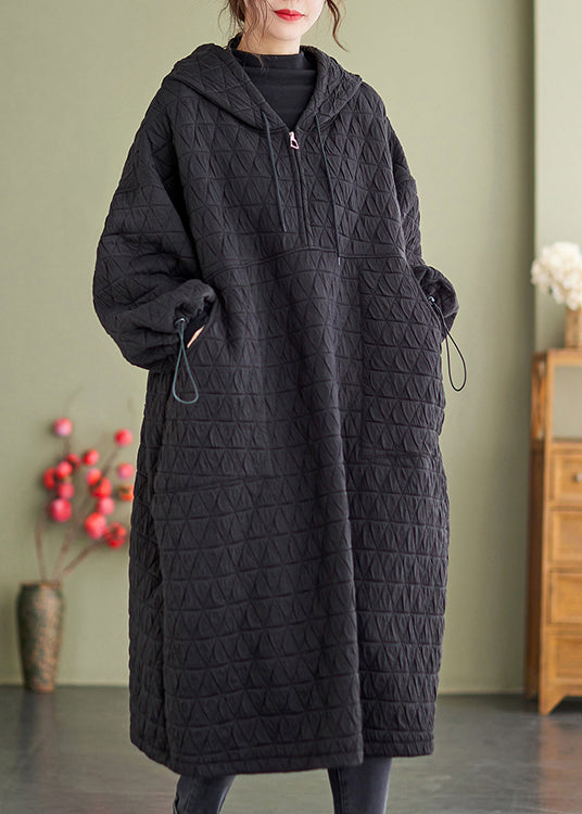 Black Hooded Patchwork Fine Cotton Filled Dresses Winter