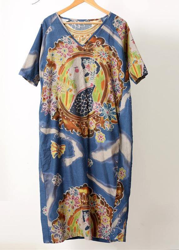 Blue Character Print Clothes O Neck Long Summer Dress