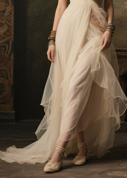 White V Neck Exra Large Hem Tulle Robe Dresses Summer