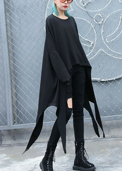 Fitted Black O-neck Asymmetrical Design Loose Fall Long Sleeve Top