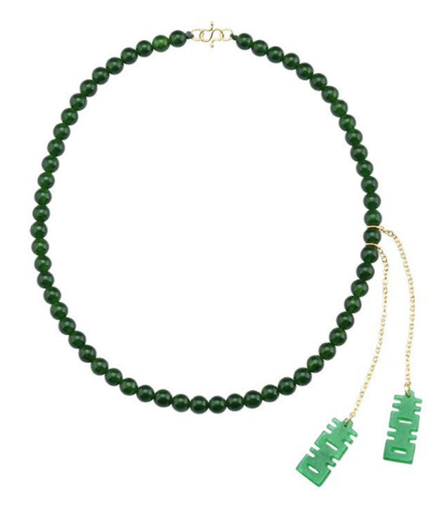 Tea Green Sterling Silver Overgild Jade Beading Double Happiness Tassel Pendant Necklace