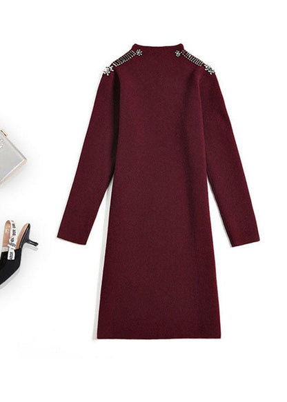 Mulberry Turtle Neck Side Open Knit Sweater Dress Long Sleeve