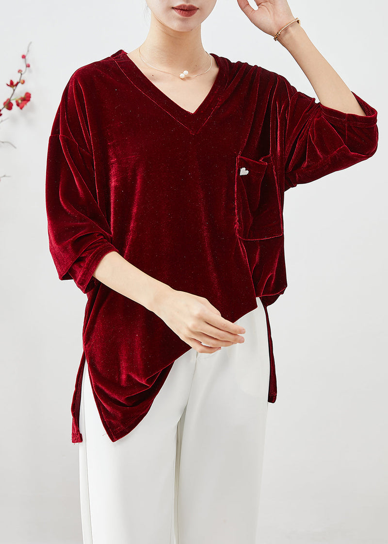 Mulberry V Neck Pocket Silk Velour Top Fall