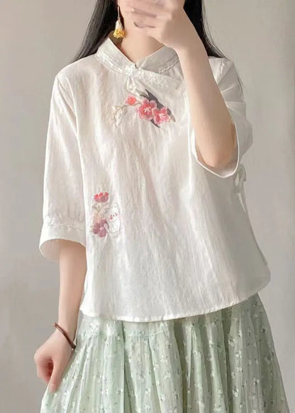 Chinese Style Pink Stand Collar Embroideried Cotton Shirt Half Sleeve