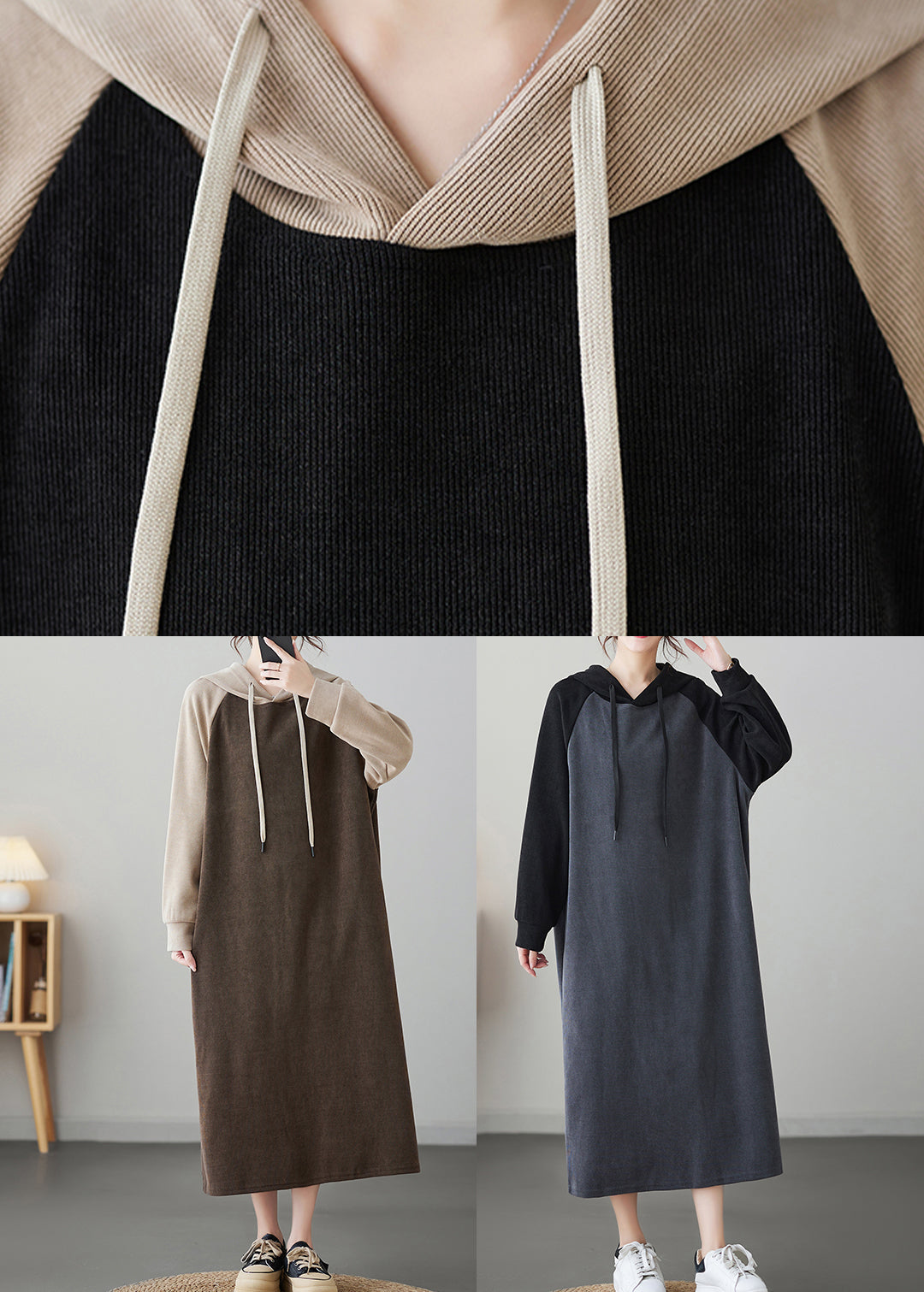 Black Patchwork Cotton Hooded Sweatshirt Dresses Fall