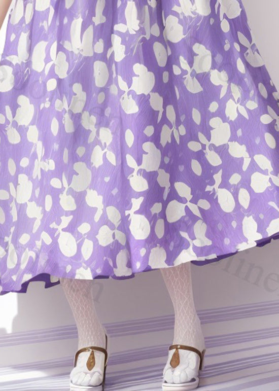 Purple O-neck Print Wrinkled Silk Dress Summer