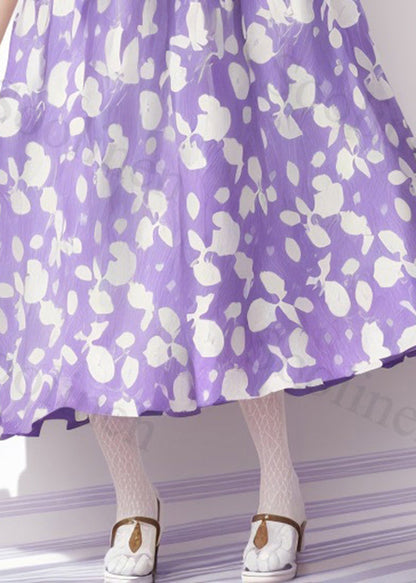 Purple O-neck Print Wrinkled Silk Dress Summer