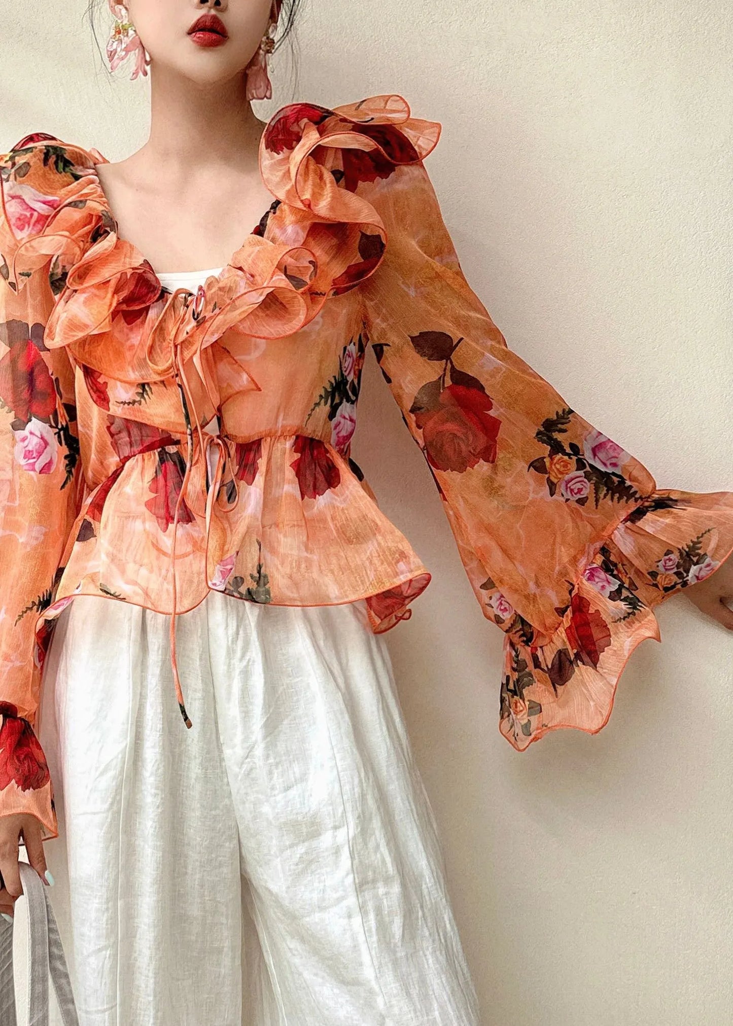 Blue Ruffled Patchwork Print Chiffon Shirt Flare Sleeve