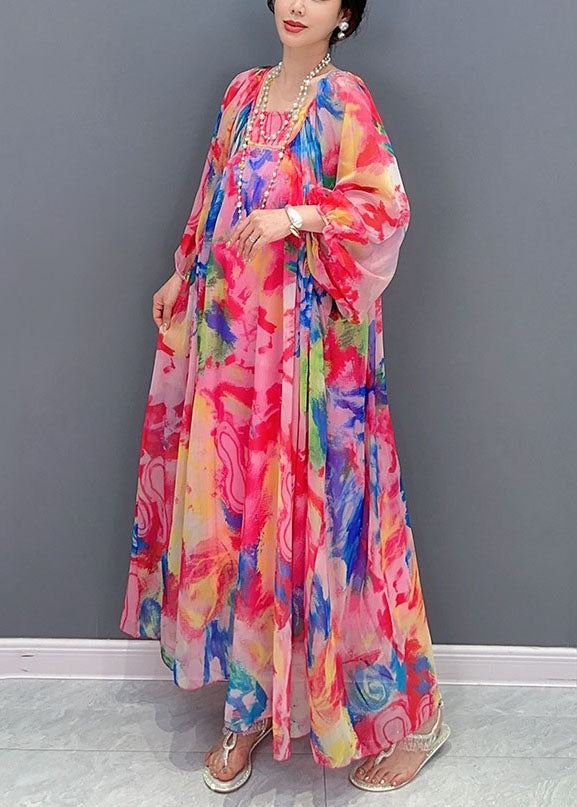 Wrinkled Lace Up Patchwork Chiffon Long Dress Summer
