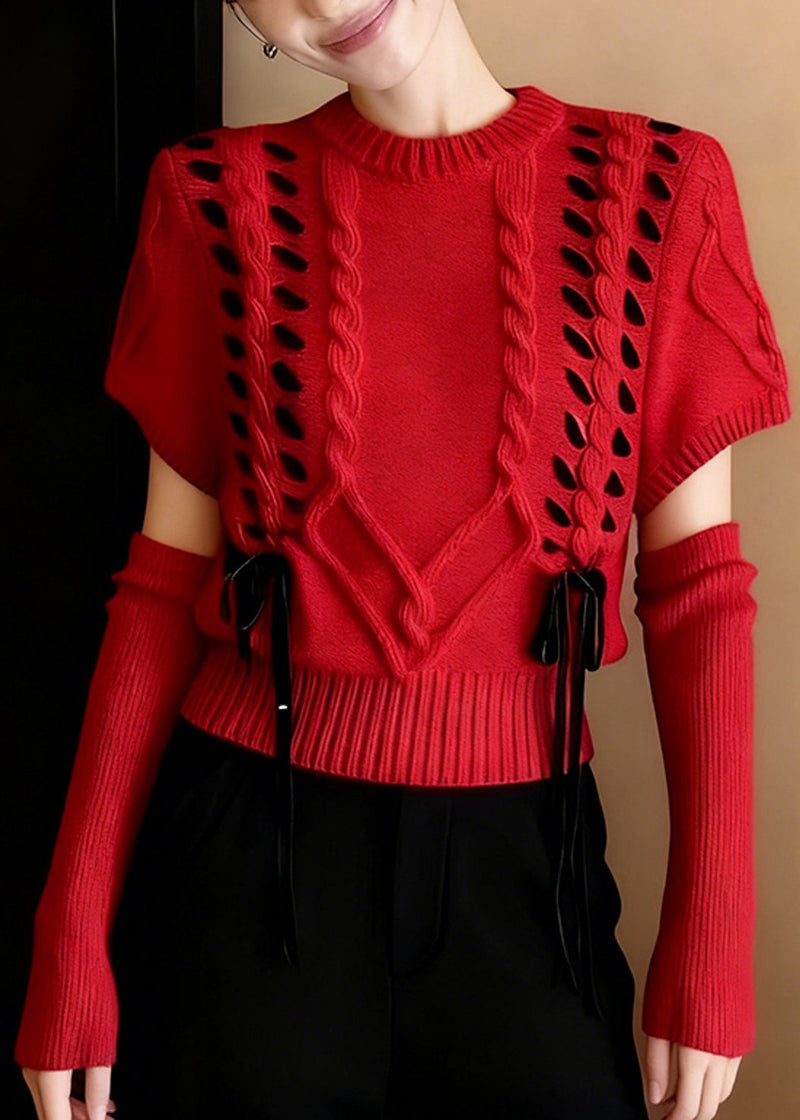Red Warm Cable Knit Sweater Half Sleeve