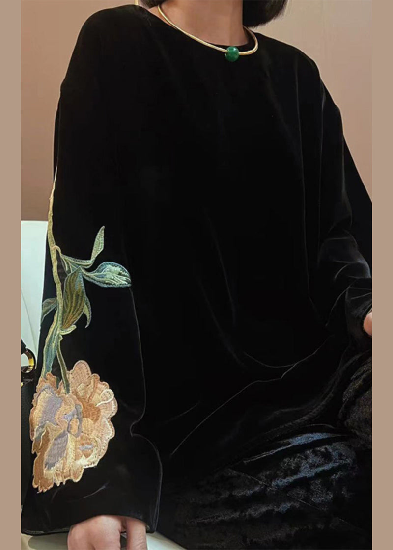 Black Embroideried Patchwork Velour Tops Fall