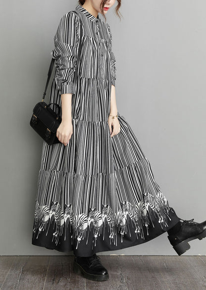 Black Peter Pan Collar Striped Patchwork Dress Spring
