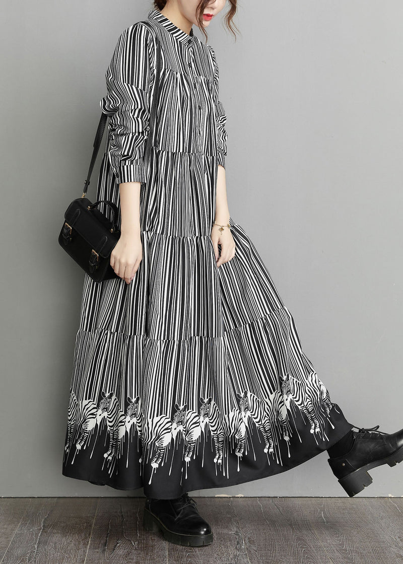 Black Peter Pan Collar Striped Patchwork Dress Spring