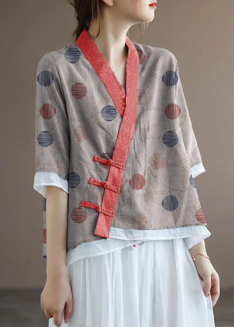 Chinese Style Lake Yellow Leopard Print V Neck Double-deck Cotton Top Half Sleeve