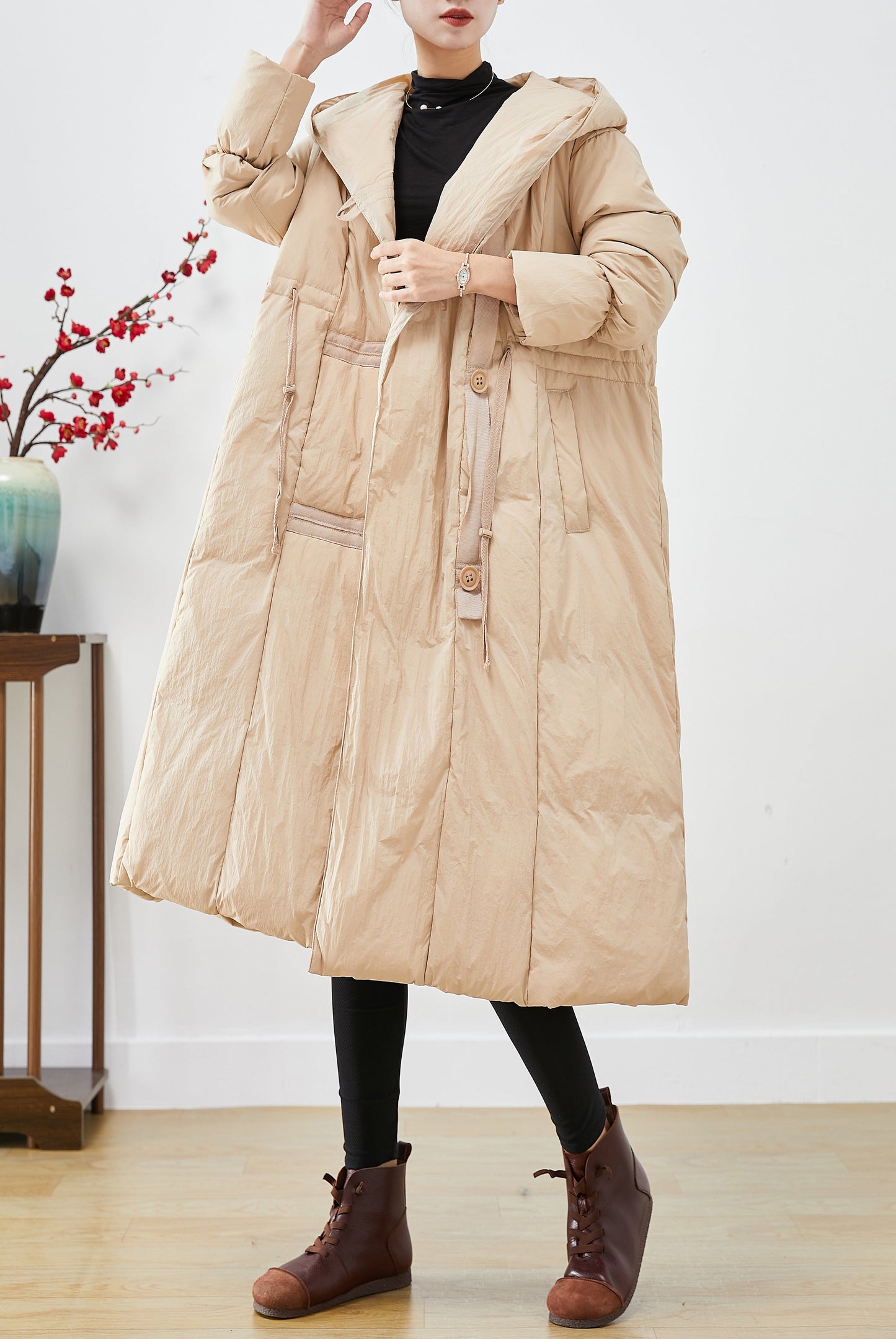 Apricot Hooded Patchwork Duck Down Canada Goose Jacket Winter