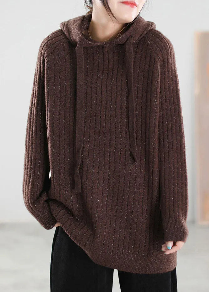 Chocolate Hooded Drawstring Knitted Tops Spring
