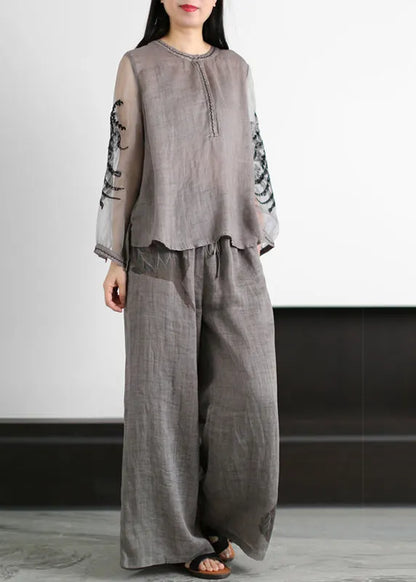 Boutique Grey O-neck Embroideried Tulle Patchwork Linen Two Piece Set Clothing Summer