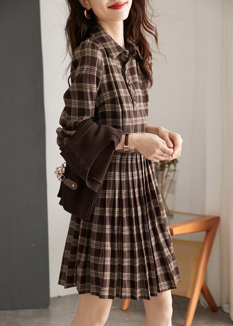 Peter Pan Collar Plaid Knit Waistcoat and Mid Dresstwo Pieces Set Spring