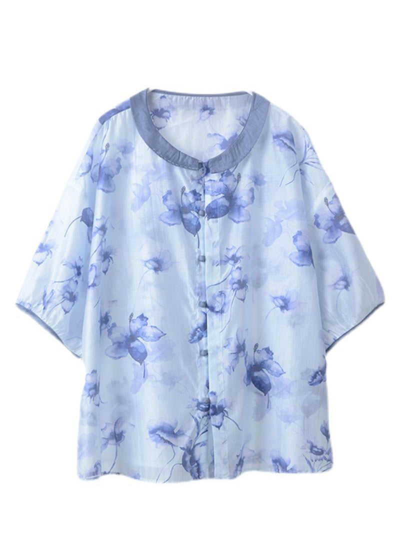 Diy Blue Oversized Print Linen Shirt Top Half Sleeve
