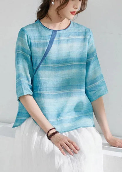 Blue Striped Chinese Style O-neck Summer Ramie Blouse Half Sleeve