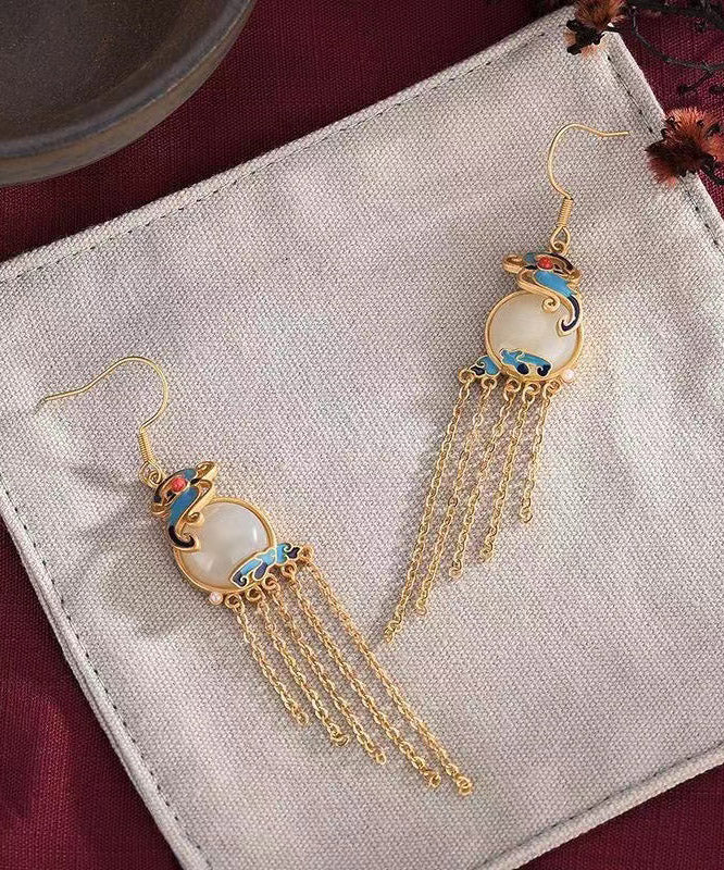 Yellow Jade Cloisonne Gem Stone Butterfly Tassel Drop Earrings