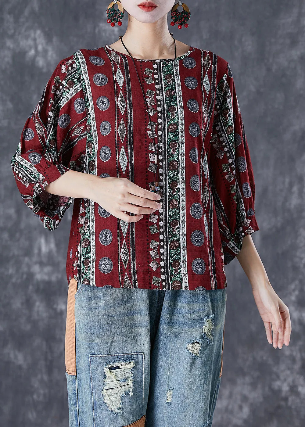 Dull Red Print Cotton Blouse Top Bracelet Sleeve
