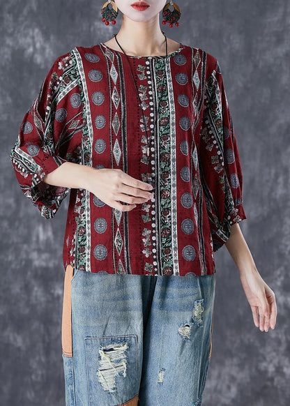 Dull Red Print Cotton Blouse Top Bracelet Sleeve