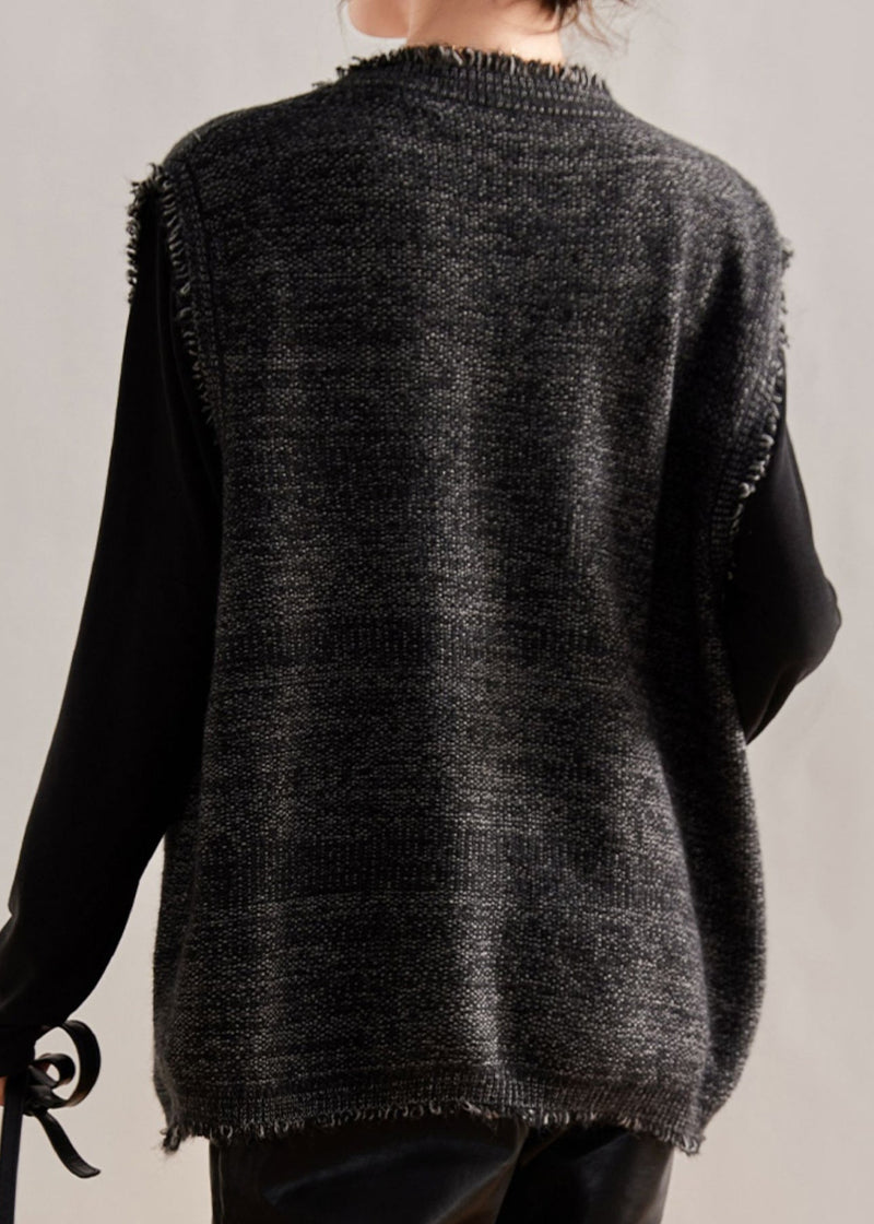 Coffee Tasseled Knit Vest and Cotton Top Two Pieces Set Winter