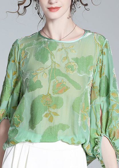 Light Green O-neck Print Velour Tops Long Sleeve