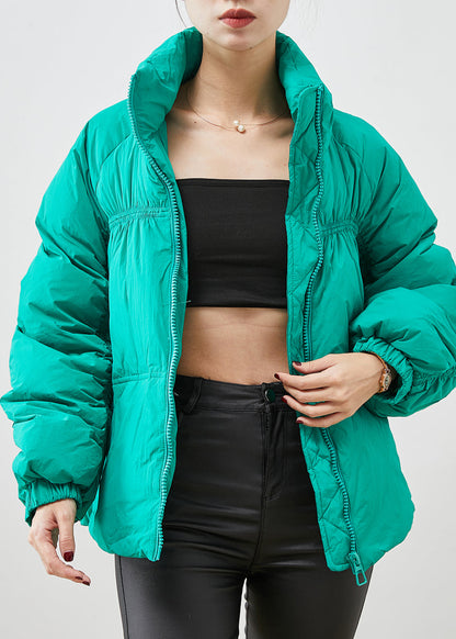 Green Zip Up Wrinkled Duck Down Puffers Jackets Winter