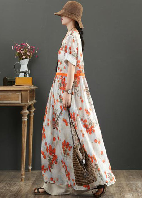Orange Print Tie Waist Exra Large Hem Cotton Dresses Summer