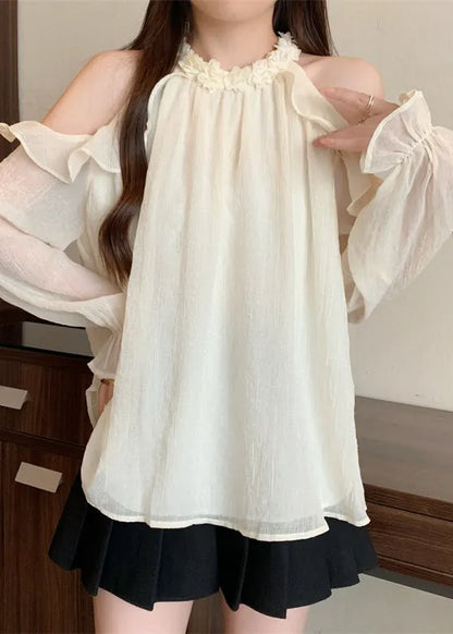 French White Cold Shoulder Chiffon Top Fall