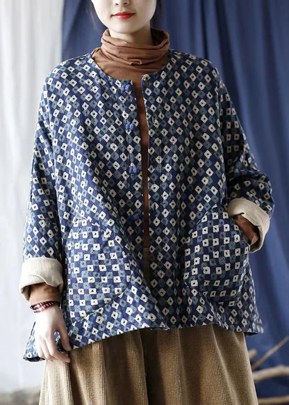 Blue Oversized Print Linen Coat Spring