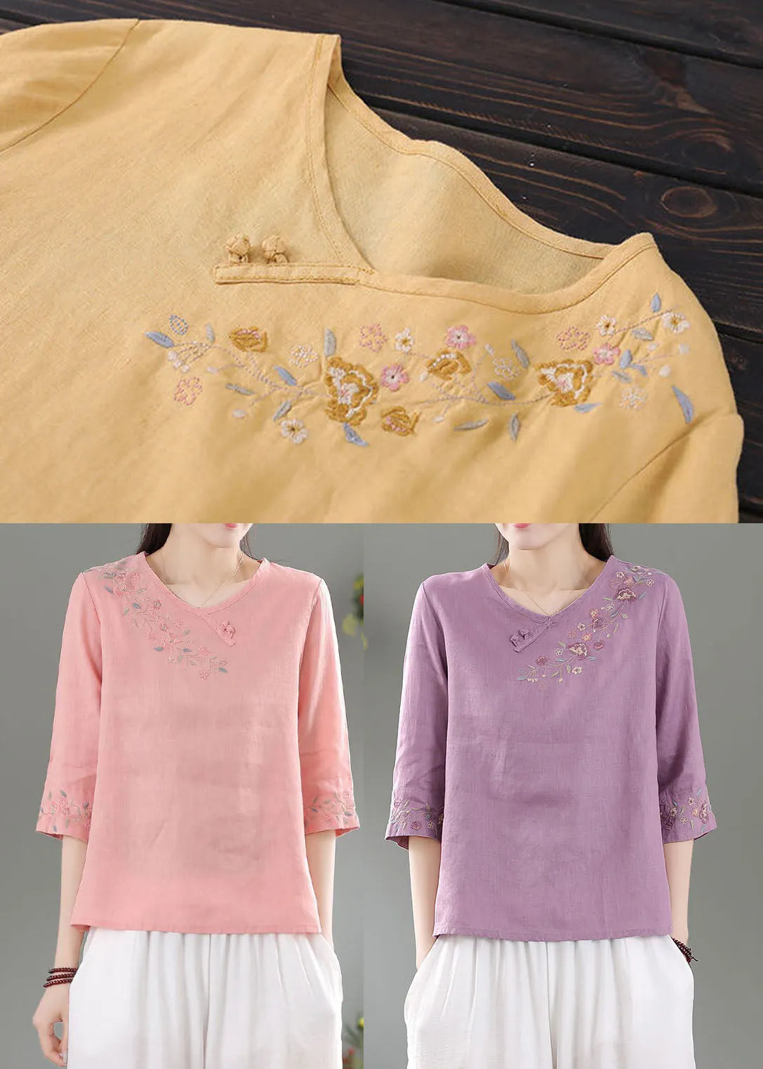 Style Yellow O-neck Embroideried Linen Top Three Quarter Sleeve