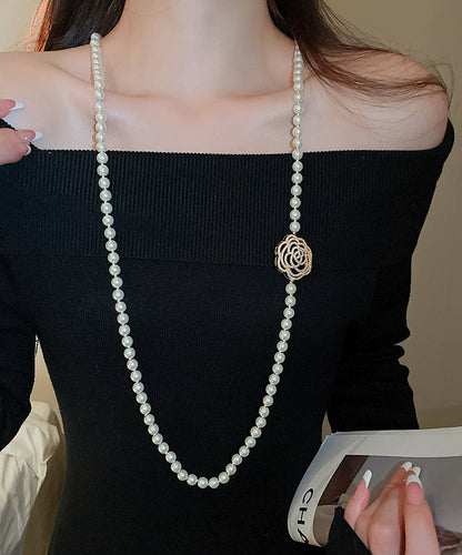 Simple White Copper Zircon Pearl Camellia Sweaters Pendant Necklace