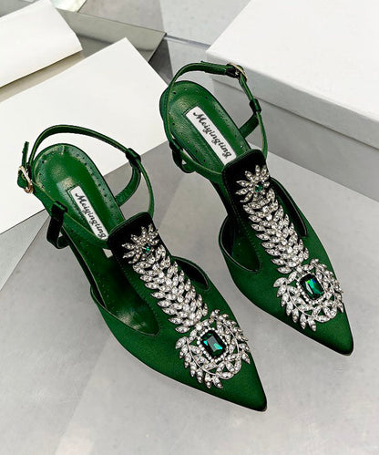 Green Zircon Boutique Splicing Stiletto Sandals Pointed Toe Hollow Out